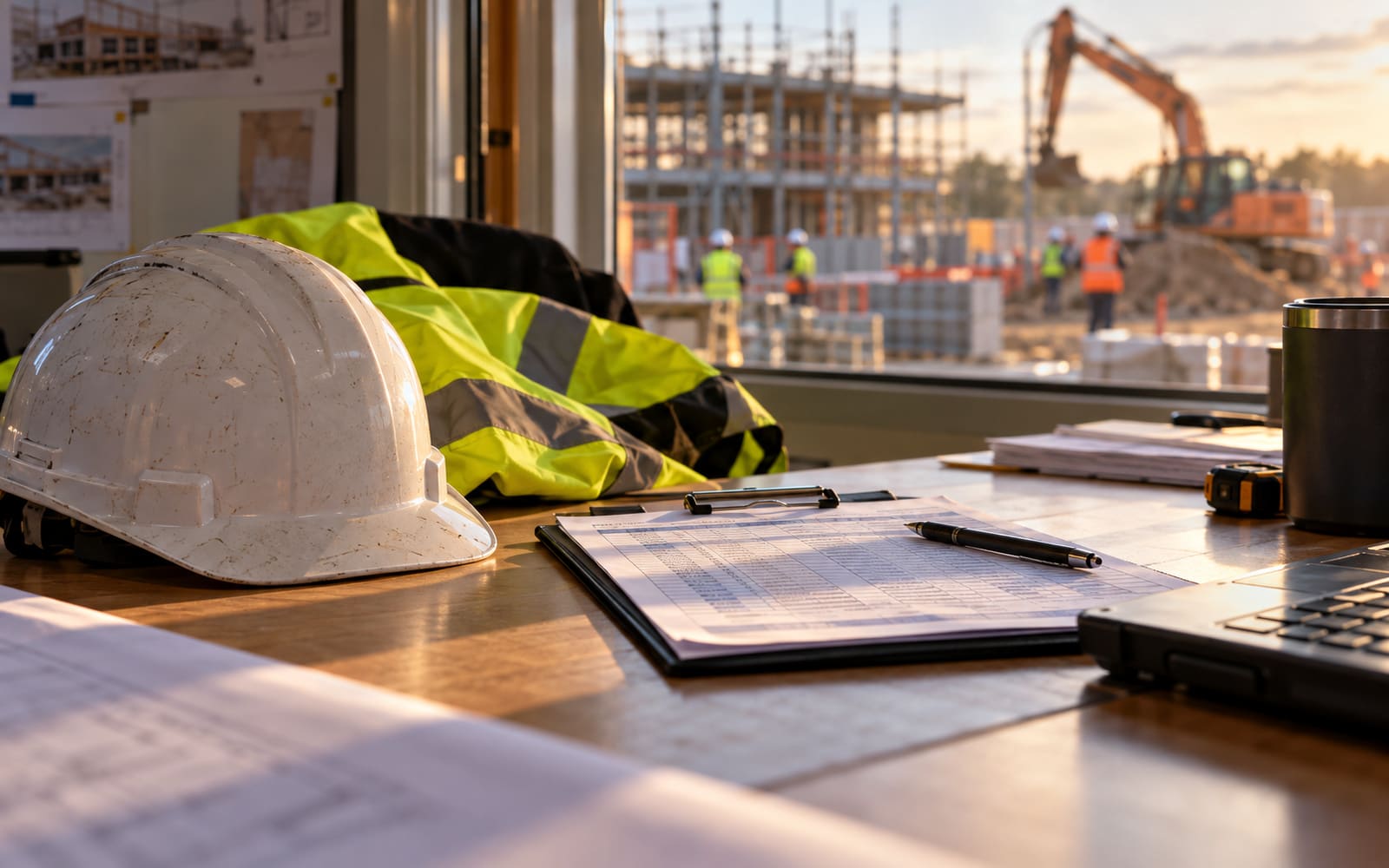 A hard hat, hi-vis jacket and clipboard of timesheets in a site office overlooking construction work