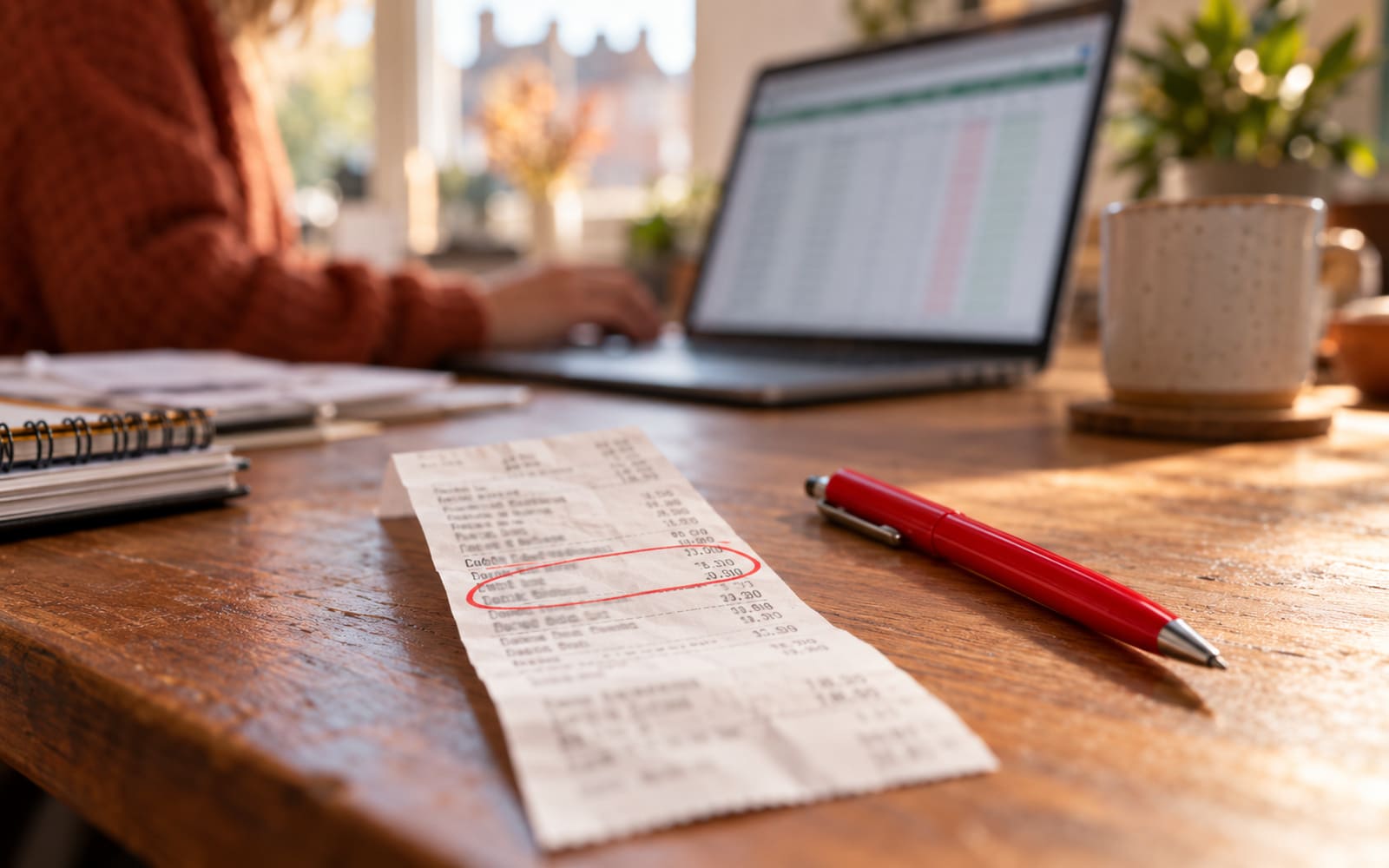 A till receipt with one line circled in red pen, a laptop spreadsheet blurred behind
