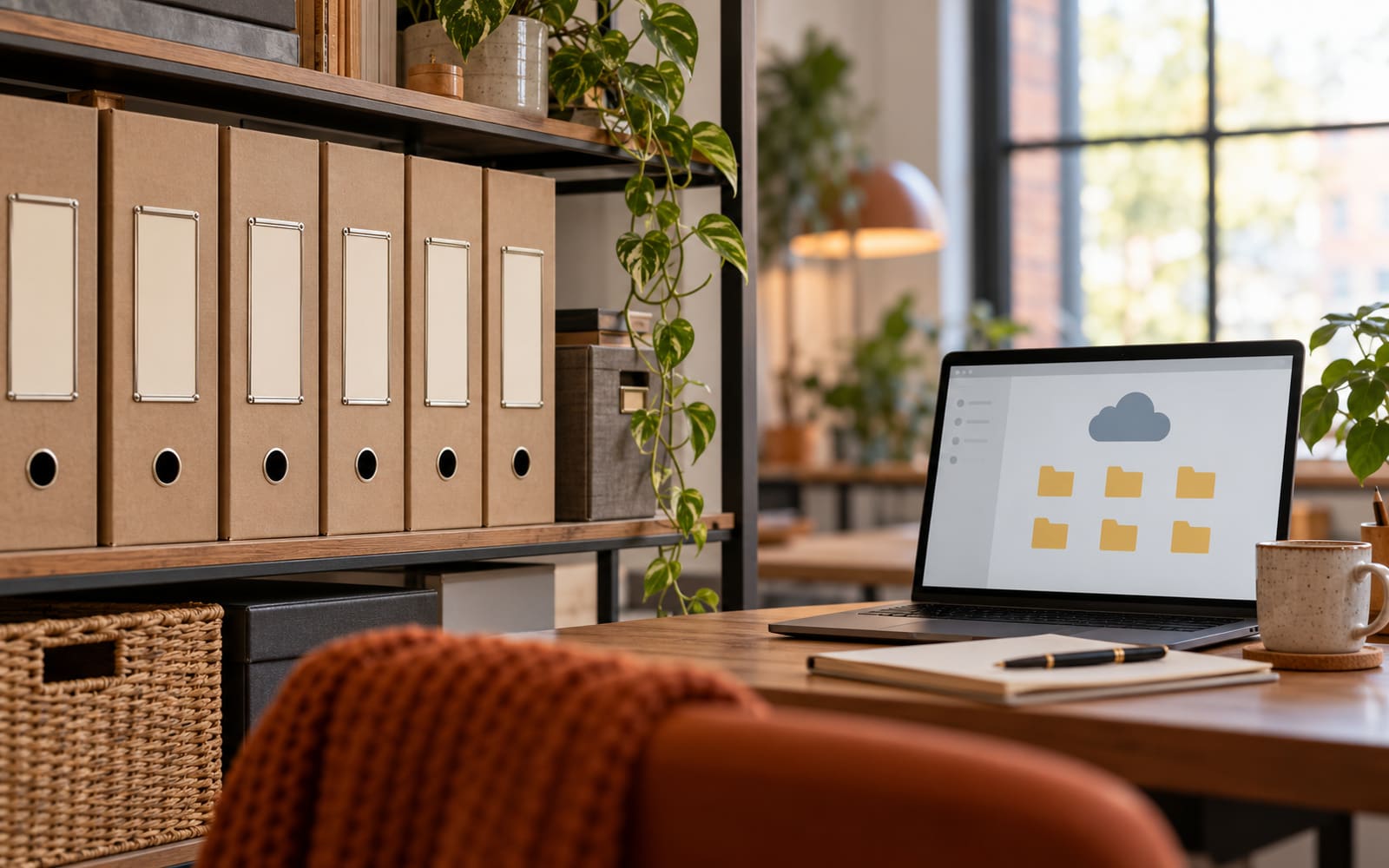 Labelled box files on a shelf beside a laptop showing a cloud storage folder