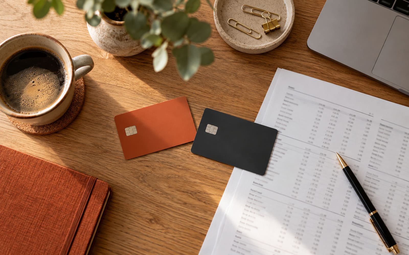 A personal card and a business card side by side on a desk with a printed balance sheet