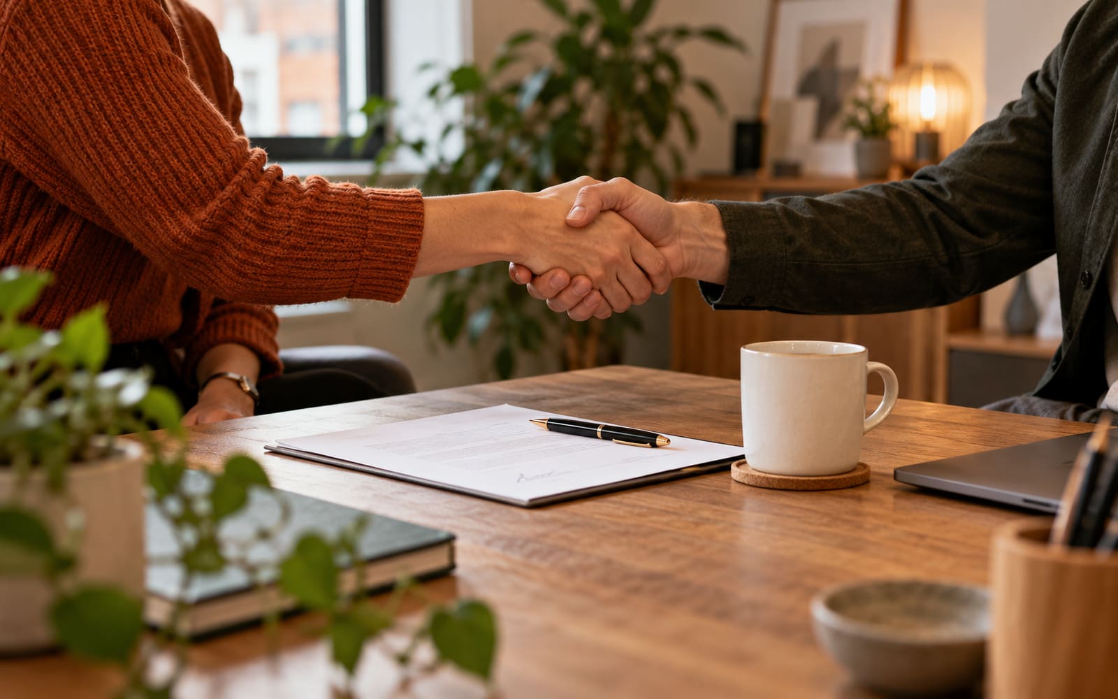 A business owner shaking hands with a new starter across a desk with a signed contract