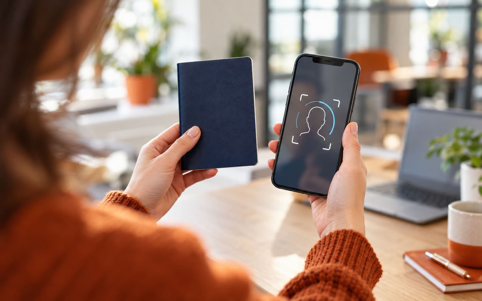 A person holding a passport beside a phone showing a face-scan outline