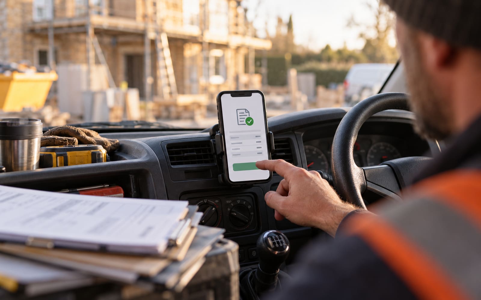 A tradesperson in a van using an accounting app on a dashboard-mounted phone