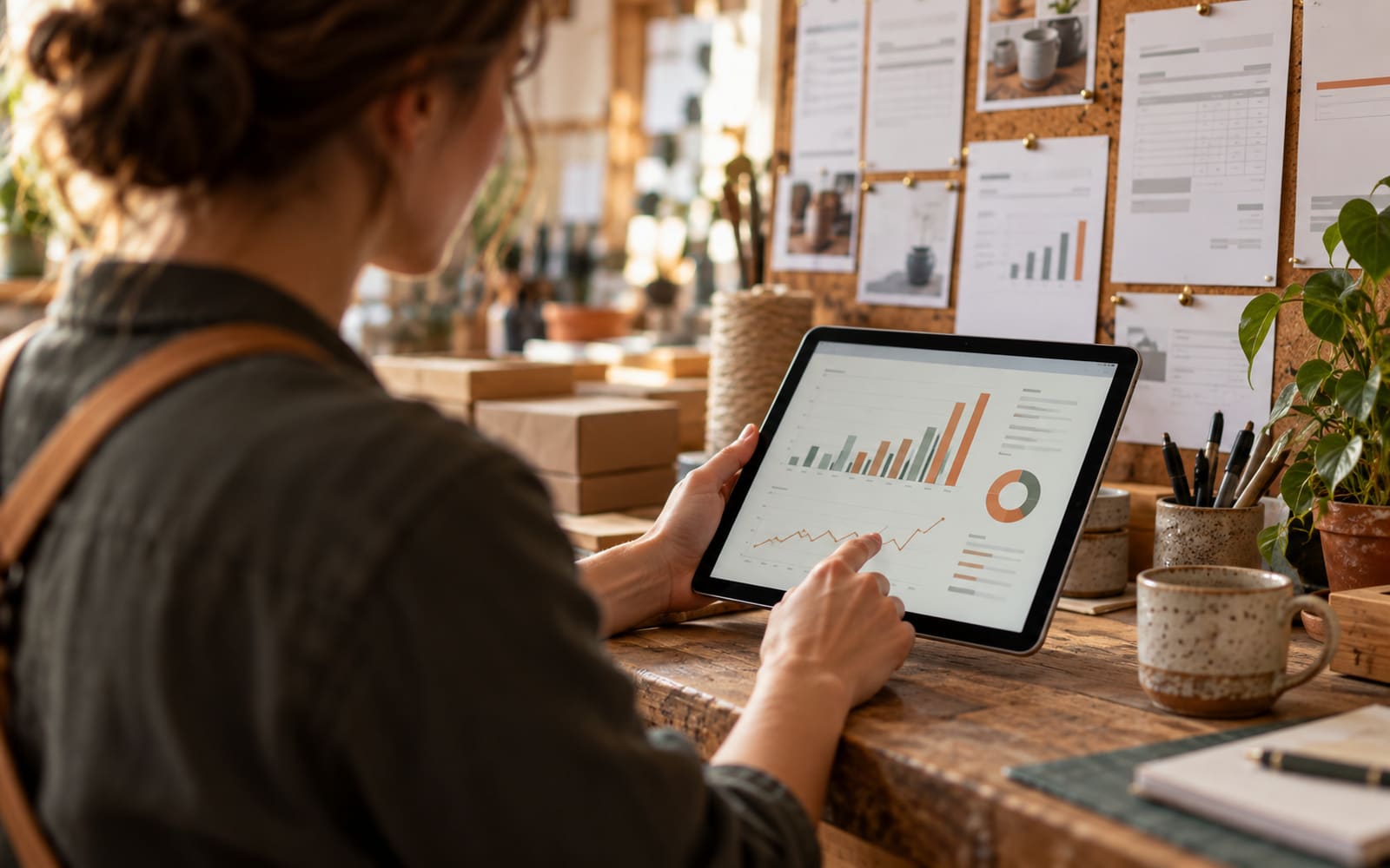 A business owner at a workshop counter studying a cash-flow chart on a tablet
