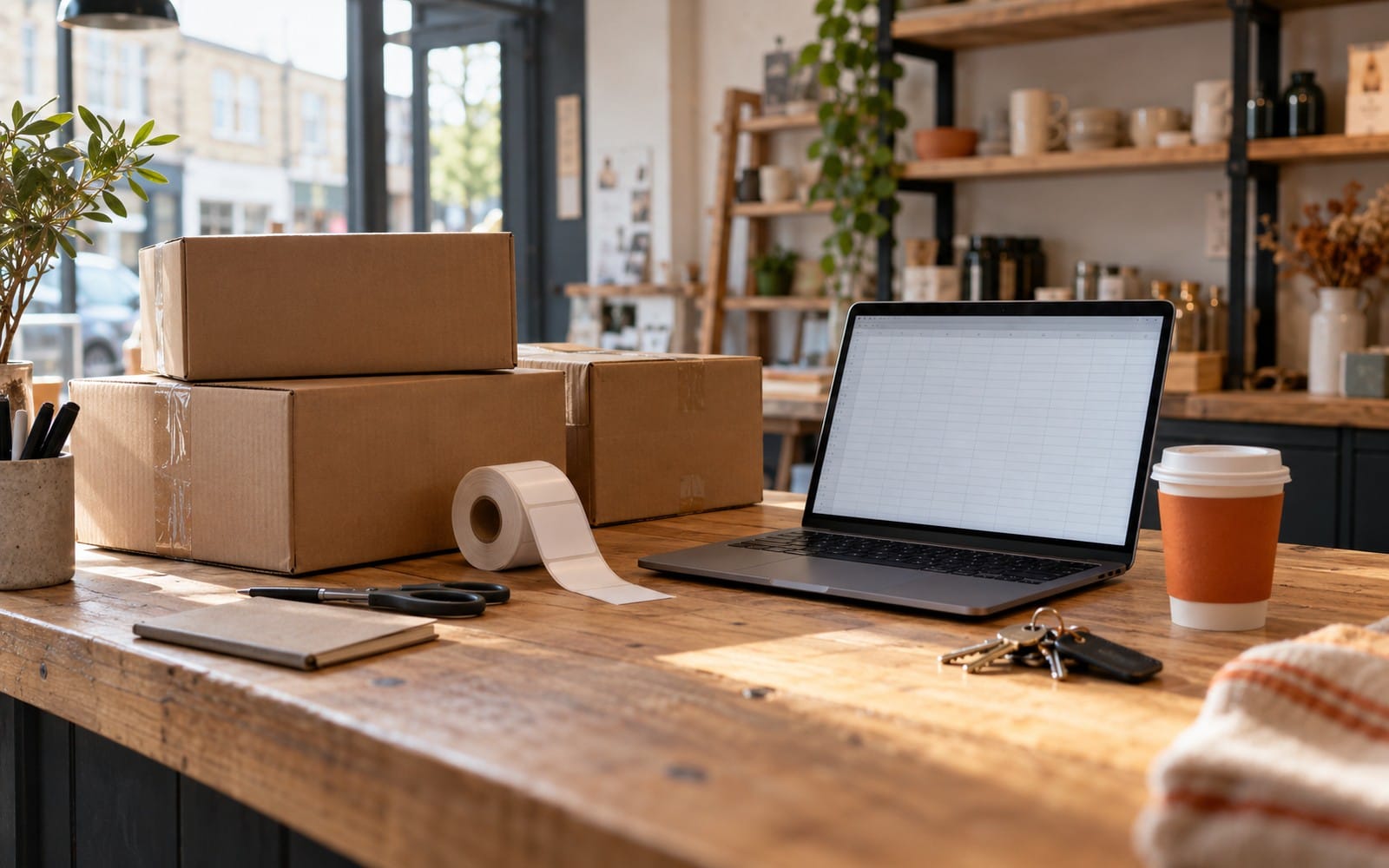 A new shop counter with unopened stock boxes, a roll of labels, a laptop and keys