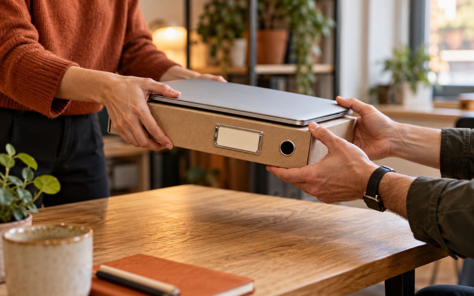 A box file and laptop being handed across a desk from one person to another