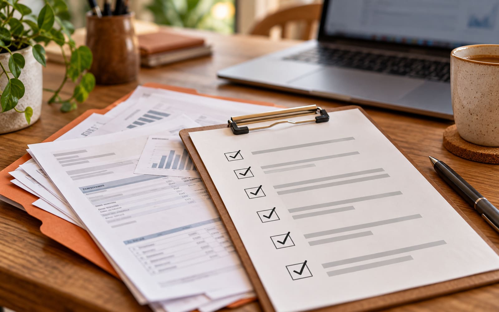 A ticked checklist on a clipboard laid over a folder of invoices and bank statements